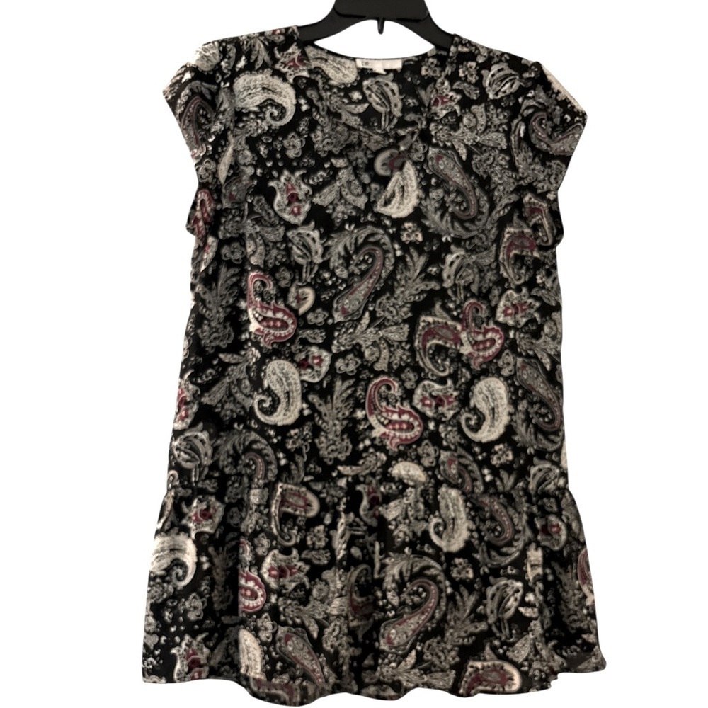 DR2 tunic top. Black paislry ,sz medium, Cap sleeves, Generous cut. Vneck